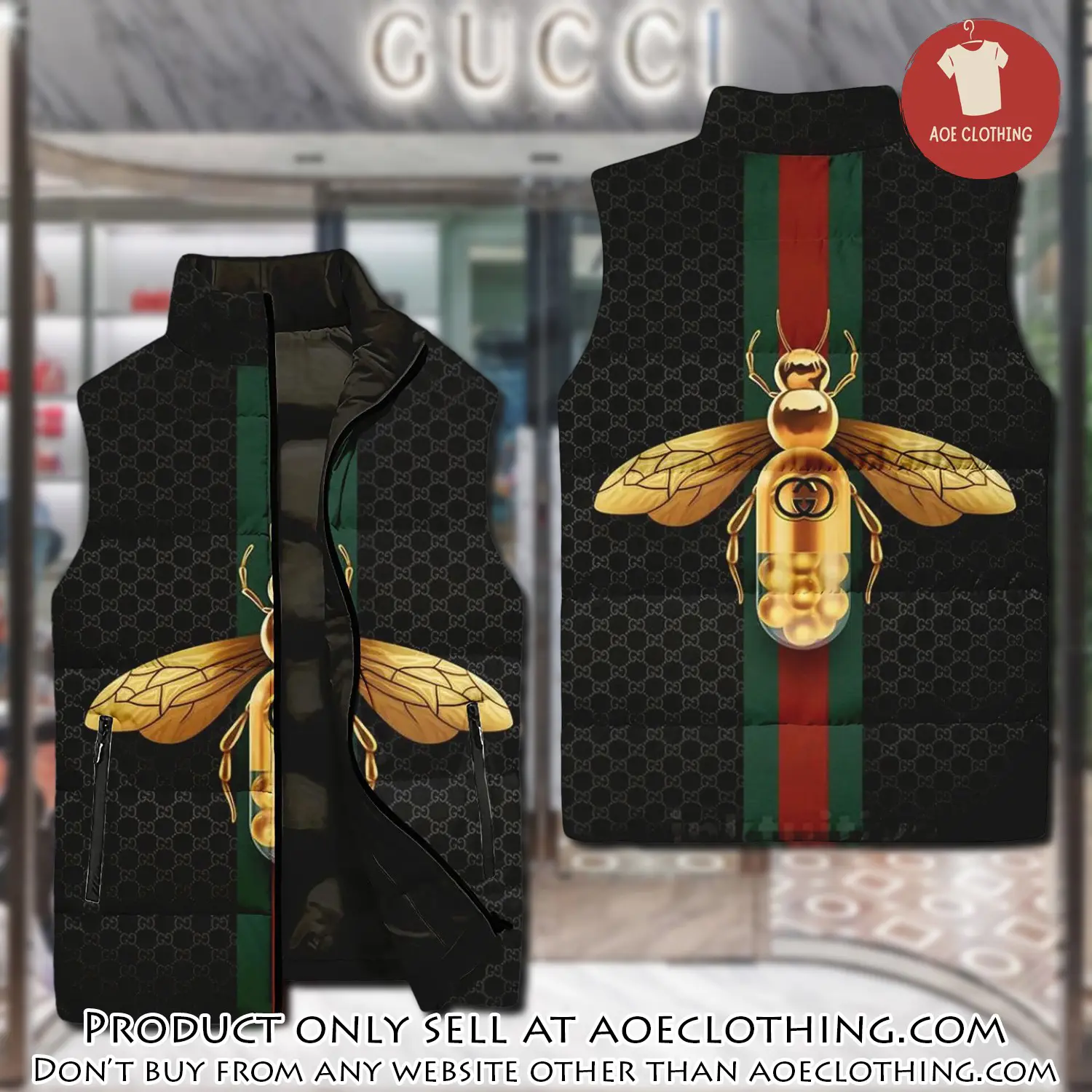 Gucci bee black luxury brand 3d sleeveless down jacket aoe2351601